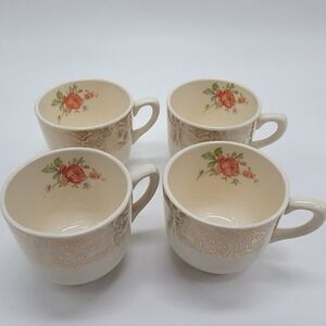 Vtg Cronin Demitasse 4 Cups Only Everbrite Filigree On Rim Floral Rose Pattern